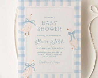 Faire-part de baby shower oie, invitation de baby shower classique, baby shower de garçon bleu, modèle de toile modifiable de shower de bébé garçon à carreaux vichy bleu