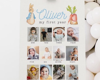 Peter Rabbit Birthday Photo Milestone Poster, Editable Rustic Bunny ...