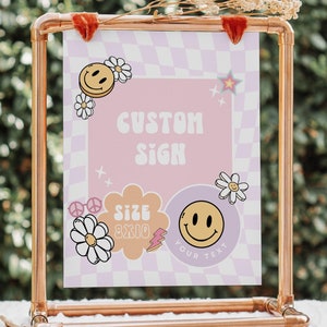 Preppy Smile Face Birthday Sign, Editable Groovy Retro birthday Sign, Tween Birthday, Any Age Disco Girl Birthday Emoji