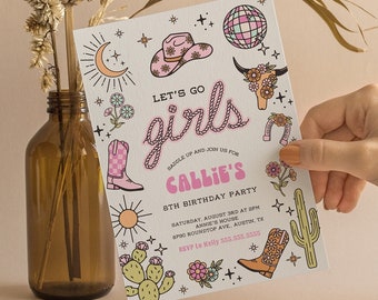 Plantilla de invitación para fiesta de cumpleaños de vaquera rosa, fiesta de vaquera disco rosa, cumpleaños de rodeo, fiesta de cumpleaños de niña, ¡Vamos chicas!, para cualquier edad.