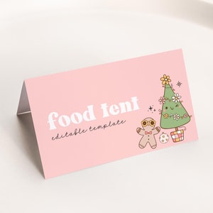 Modelo de etiqueta de comida para aniversário de menina de Natal retrô, cartão de tenda de aniversário de menina editável, aniversário de Natal rosa, aniversário de inverno