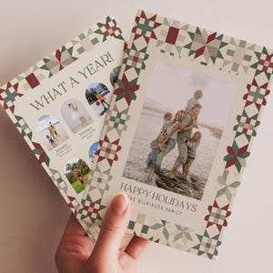 Quilt Pattern Holiday Card Template | 5x7 Christmas Photo Card with Year-in-Review Back | Cozy Patchwork Canva Template | Printable Card