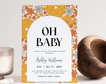 May include: A baby shower invitation featuring a floral pattern in shades of yellow, orange, and blue. The text reads "Oh Baby" and includes the name "Abby Williams" and the date "Sat | Jul 9 | 2PM".