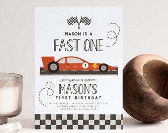 Race Car First Birthday Invitation, Editable Template Racing Car Birthday, Fast ONE, Red Race Car, Boy Birthday Instant Download, 7135