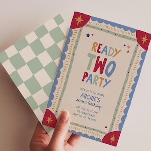 May include: A rectangular birthday invitation card with a light green and white checkerboard pattern on the back. The front features a decorative border with red star accents and the text READY TWO PARTY, JOIN US TO CELEBRATE ARCHIE'S second birthday.
