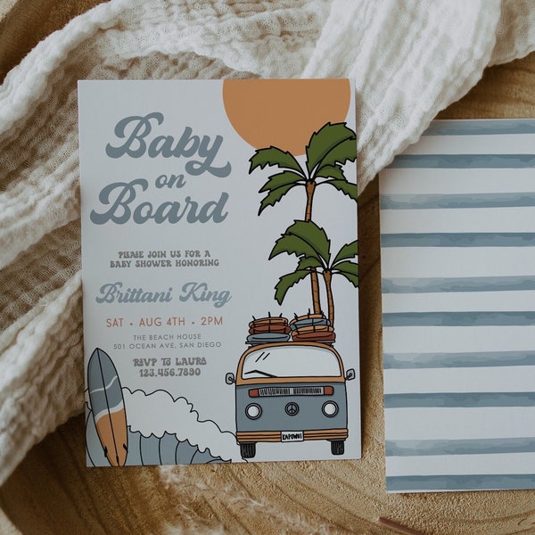 KOA Baby on Board Invitation, Surf Baby Shower Invite, Boy Baby Shower, Ocean Wave Baby, Editable Invitation Template, Instant