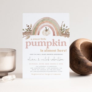 Baby Shower invitation, Rainbow Pumpkin Boho A Little Pumpkin Is On The Way Fall Baby Shower invite Pumpkin Baby Shower Instant Template 80P