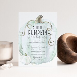 A Little Pumpkin is on The Way Invitation, Fall Baby Shower Invite, Greenery Pumpkin Baby Shower, Boy Baby Shower invitation, template, 102