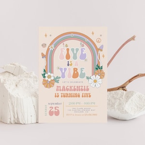 Five is a Vibe Birthday Invitation Template, Groovy Birthday Hippie Rainbow 70s Vibe Birthday Invite Printable, Editable Template, 186