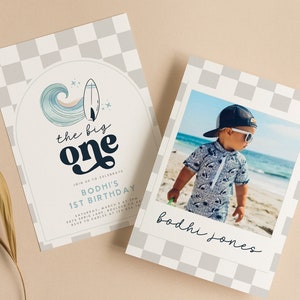 Big One First Birthday Invitation Boy 1st Birthday Retro Surfboard Beach Party Wave Surfer Boho Invite Download Editable Template CANVA