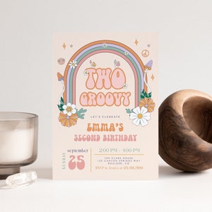 Two Groovy Birthday Invitation Template, Editable Hippie Daisy Rainbow 70s Vibe Birthday Invite Printable, Editable Template, 186