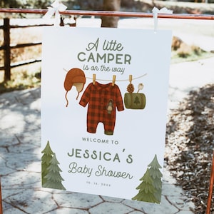 Little Camper Baby Shower Welcome Sign | Camping Theme Baby Shower Sign, Flannel Outdoor  Baby Editable Canva Template Instant Download 254
