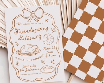 Hand Drawn Style Thanksgiving Dinner Invitation Template, Friendsgiving Party Invite, Whimsical Thanksgiving Holiday Editable Download