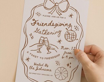 Friendsgiving Cocktail Party Invitation Template, Thanksgiving Dinner Invite, Hand Drawn Thanksgiving Cocktails Holiday Editable Download