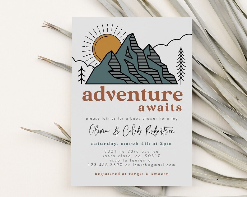 Adventure Awaits Baby Shower Invitation Boy Baby Shower Invitation Mountain Outdoors baby shower Wilderness Instant Editable