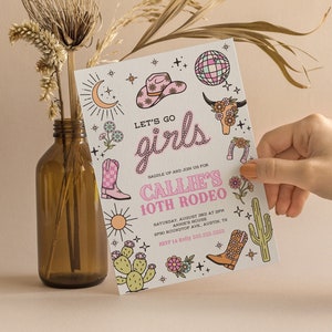 Let&#39;s Go Girls Birthday Invitation Template  Editable Hot Pink Cowgirl Birthday Party  Disco Rodeo Western Invite Space Cowgirl
