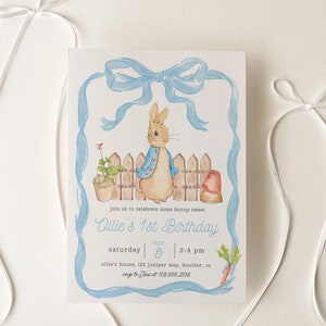 Invito per il primo compleanno di Peter Rabbit, modello di invito rustico modificabile per coniglietto, 1° compleanno, festa per bambini stampabile, download immediato Canva
