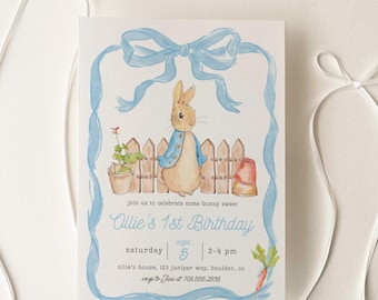 Peter Rabbit First Birthday Invitation, Editable Rustic Bunny Invite Template, 1st Birthday, Boy Party Printable, Instant Download Canva