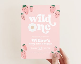 Plantilla de invitación para el primer cumpleaños de Berry, diseño de fresa para niña, moderna, retro, salvaje, editable, EVite
