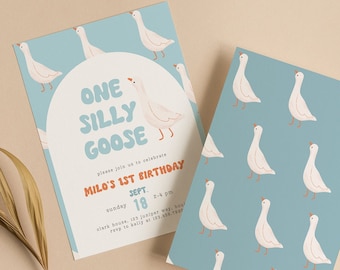 May include: A blue and white birthday invitation with a cartoon goose and the text "One Silly Goose". The invitation is for a first birthday party and includes the date, time, and location of the party.