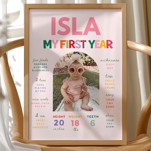 Może przedstawiać: Oprawiony wydruk z imieniem "ISLA" w kolorze różowym i "MY FIRST YEAR" w kolorowych literach. Wydruk zawiera zdjęcie dziecka w okularach przeciwsłonecznych i zawiera informacje takie jak wzrost (51 cm), waga (8 kg) i ulubione potrawy.