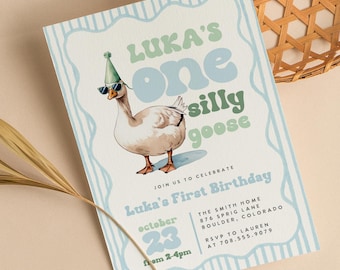 Editable Silly Goose Birthday Invitation, Silly Goose Boy 1st Birthday Invite, Blue Goose 1st Bday Template, EVITE, Canva Design, Luka