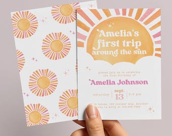 First Trip Around the Sun First Birthday Invitation, Girls First Birthday Invite, Retro Sunshine 1st Birthday Party Invite, Editable Evite
