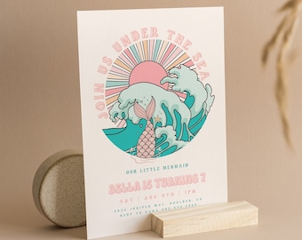 Mermaid Tail Birthday Invitation, Under the Sea Birthday Invitation Girl, Editable Birthday Template, PinkTeal Mermaid Birthday, Groovy