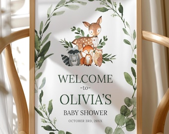 Letrero de bienvenida para baby shower con temática de bosque, letrero de bienvenida, letrero para baby shower, baby shower con animales del bosque, baby shower con vegetación, letrero imprimible, 70