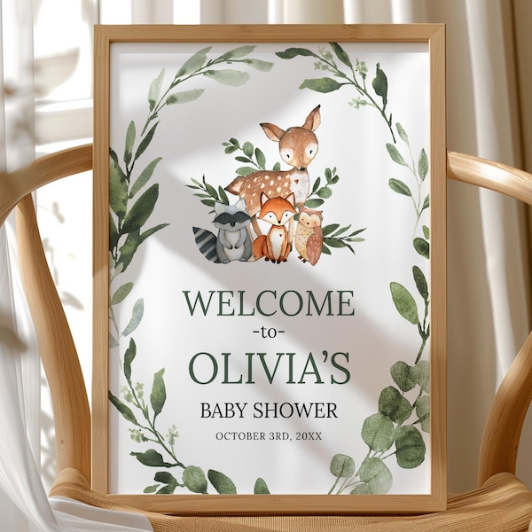 Woodland Baby Shower Welcome Sign, Welcome sign, baby shower sign, Woodland Animals Baby Shower, Greenery baby shower, Printable sign, 70