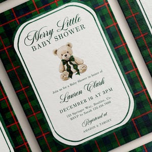 May include: Baby shower invitations with a green and red tartan background. Each invitation features a teddy bear illustration and the text "Merry Little Baby Shower" with event details. The invitations are for Lauren Clark.