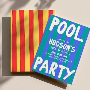 May include: A rectangular invitation card with blue and green vertical stripes featuring the white text POOL PARTY, JOIN US FOR HUDSON'S 10TH BIRTHDAY, AUG. 10 AT 2PM, 123 JUNIPER WAY, BOULDER, CO, RSVP 123.456.7890, layered over a red and yellow striped card.