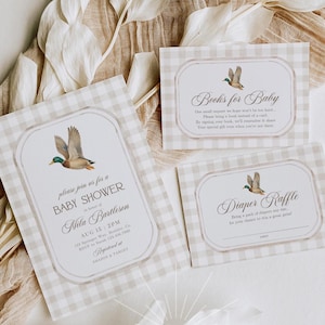 Set baby shower con anatra selvatica, invito baby shower con anatra selvatica, invito a tema caccia all'anatra a quadretti, invito baby shower con anatra, bambino a caccia di anatra 283