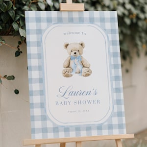 Teddybär-Baby-Dusche-Willkommensschild, wir können kaum warten, Blau Grandmillennial Boy-Baby-Dusche-Dekor, Sofortiger Download Vintage Teddy 255