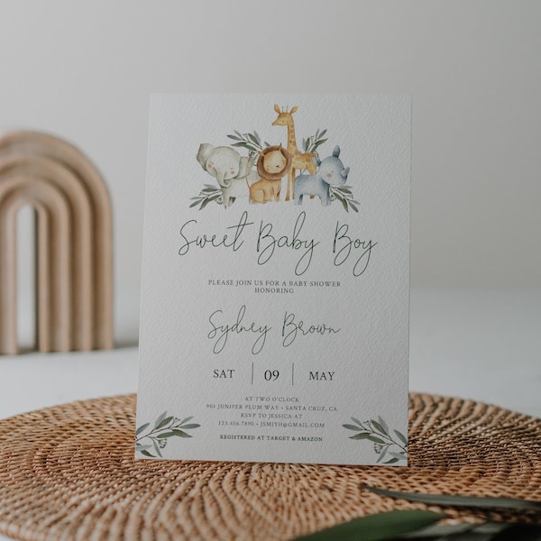 Invito per baby shower a tema giungla, invito per baby shower a tema safari, baby shower, modello, AI-42