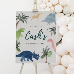 Modern Dinosaur Welcome Sign, Watercolor Dinosaur Birthday Welcome Sign, Birthday Decorations Editable Digital Canva INSTANT DOWNLOAD