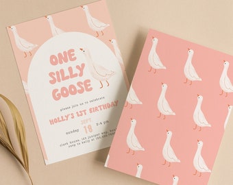 Eine Dumme Gans Mädchen-Geburtstagseinladung, Mädchen zum ersten Geburtstag einladen, Rosa Dumme Gans Geburtstag, bearbeitbare Dumme Gans Evite-Vorlage