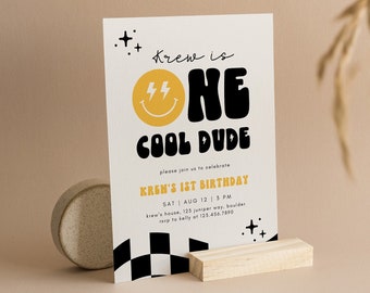 One Cool Dude Birthday Invitation Template, Printable Invitation, Editable Retro One Happy Dude First Birthday Party Invite A11