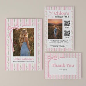 May include: A set of pink and white cards with a floral and ribbon design. One card features a photo of a woman in a blue dress, with the text "Chloe Johnson." Another card says "Chloe's college fund" with QR codes. A third card says "Thank You."