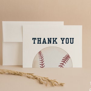Tarjeta de agradecimiento para fiesta de béisbol, moderna, para cumpleaños de niños de béisbol, para cualquier edad, plantilla digital editable de Canva, estilo boho