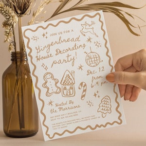 Wunderliche Lebkuchenhaus-Dekorationspartyeinladung, Einladung zur Weihnachtsfeier, Lebkucheneinladung, bearbeitbare Canva-Vorlage