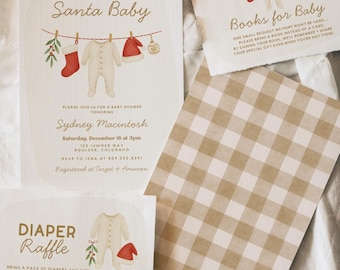 May include: Baby shower invitations and inserts with a Christmas theme. The main invitation reads "Santa Baby" and includes a onesie, stocking, and Santa hat illustration. Other inserts include "Books for Baby" and "Diaper Raffle" cards.
