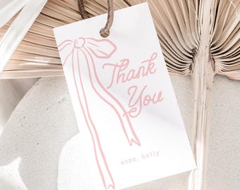 Coquette Bow Birthday Favor Tag, Girl First Birthday Thank You Tag Template Printable, Blush Pink Bow 1st Birthday Girly Favor 218