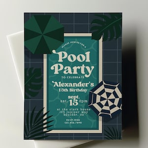Pool Party Birthday Invitation Swim Party invite, Retro Summer Pool birthday Party, Boy Tween Birthday, Indoor Pool Party Template