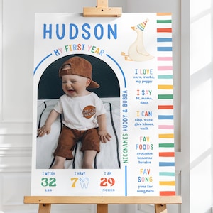 May include: A personalised first-year milestone poster on an easel. The poster features a photo of a baby wearing a cap and shorts. Text includes "HUDSON", "MY FIRST YEAR", and details about the baby's weight (14.5 kg), teeth (7), and height (73.7 cm).