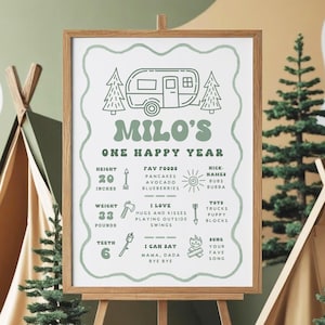 May include: A wooden easel displays a framed print with a camping theme. The print features the name "Milo's" and details about the child's first year, including height (20 inches), weight (33 pounds), and favorite things. The print is in a light green color.