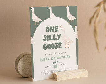 One Silly Goose Boy Birthday Invitation, Boy First Birthday Invite, Gender Neutral Birthday, Editable Silly Goose Evite Template Sage Green