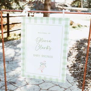 Gans Baby Shower Willkommensschild, Geschlechtsneutrale klassische Babyparty Willkommen, grüne Babyparty Gingham Plaid Baby bearbeitbare Canva Vorlage