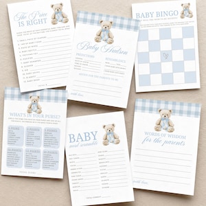 May include: A collection of baby shower game cards with a blue and white gingham pattern and a teddy bear graphic. Games include "The Price is Right," "Baby Bingo," and "Baby Word Scramble."