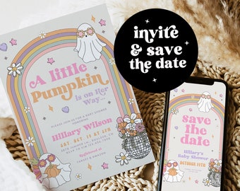 May include: A pastel rainbow arch with a ghost wearing sunglasses and a pumpkin. The text "A little Pumpkin is on her way..." is on the invitation. The invitation also includes the text "Hillary Wilson" and "Save the Date".